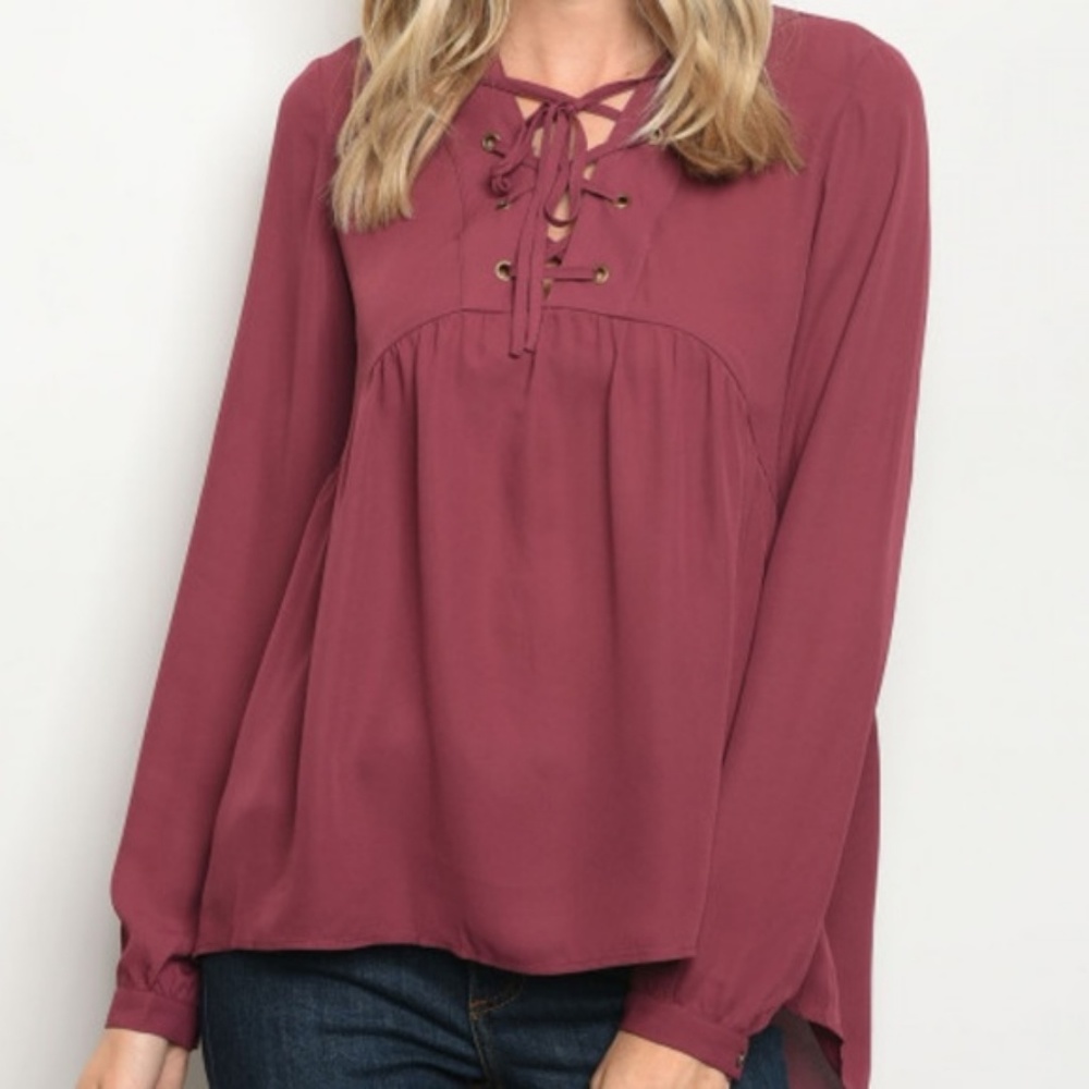 NWT Plum Lace Up Front Peasant Boho Top